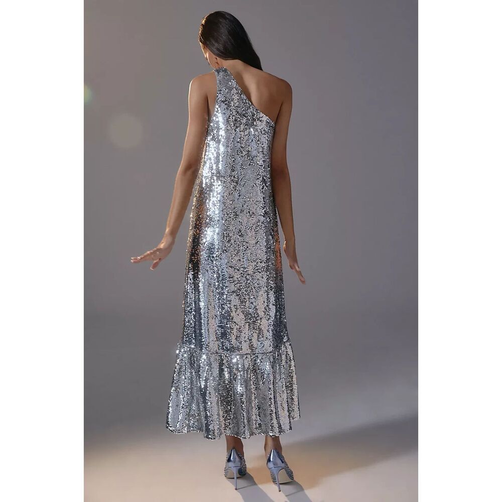 Silver Sequin One Shoulder Maxi Dress - Picture 3 of 8